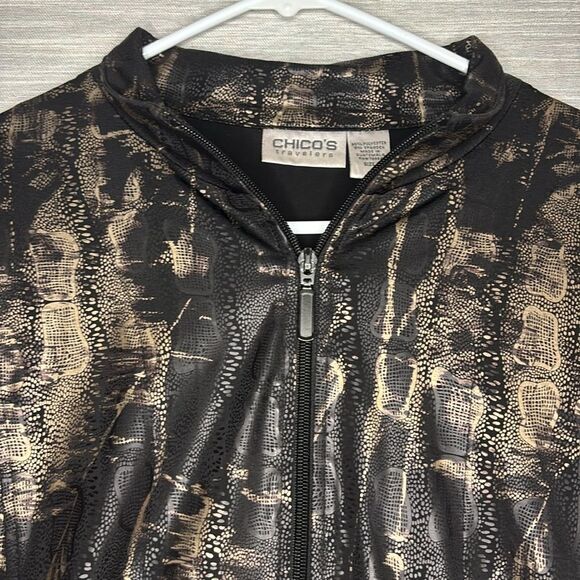 Chico’s Travelers Full Zip Black and Gold Metallic Snake Skin Jacket Size 2 - Picture 2 of 9